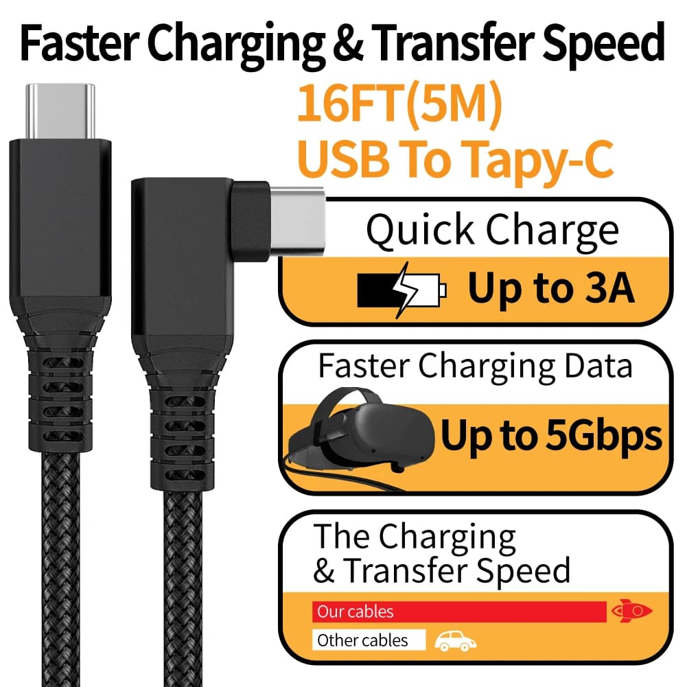 كابل ربط 10FT لـ Quest 2 Quest PC VR USB 3 إلى النوع C كابل طويل 3A شحن سريع وكابل نقل البيانات 5Gbps لسماعات الواقع الافتراضي - 5