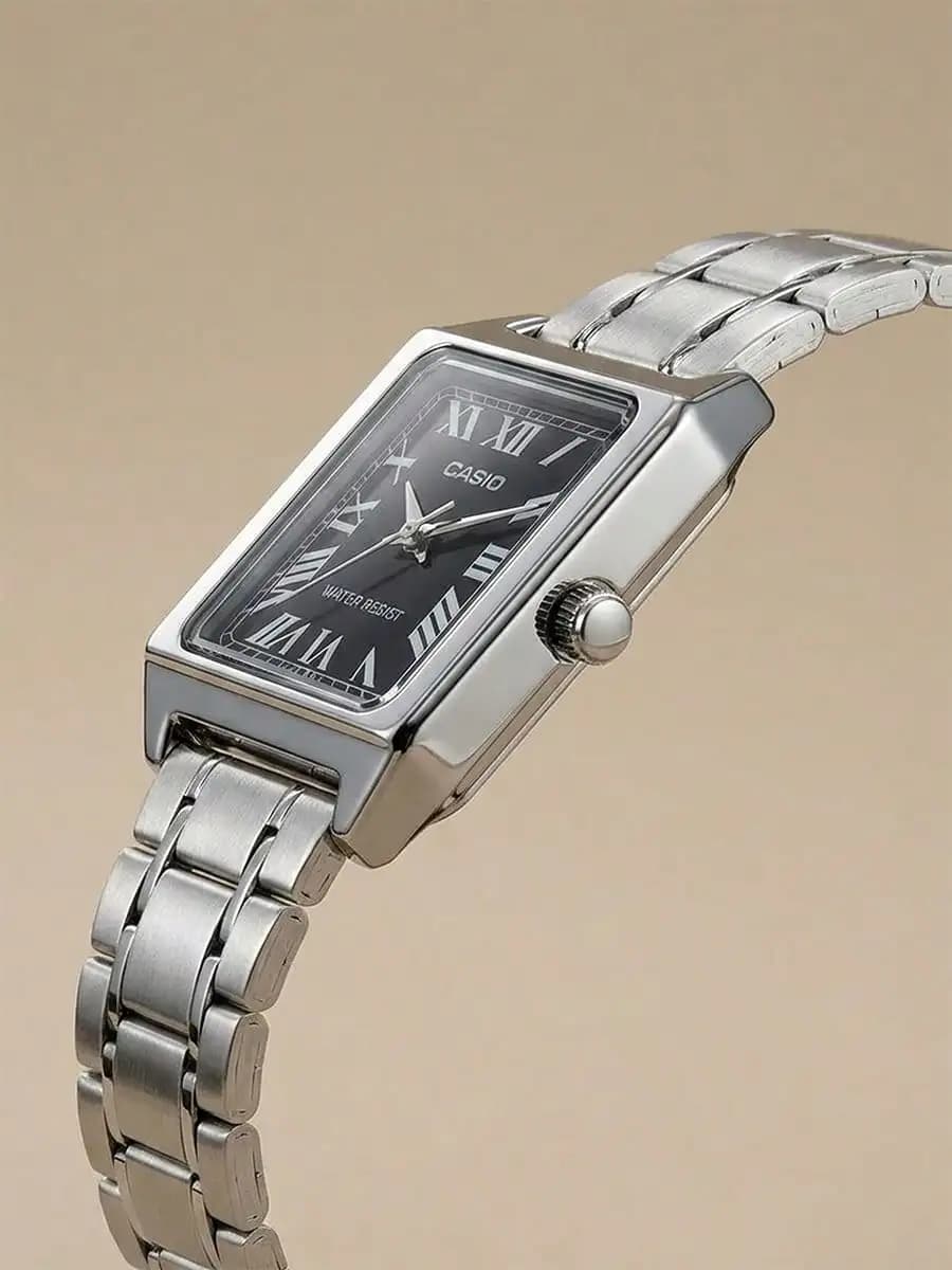 CASIO Women's Elegant Square Watch Stainless Steel Band Black Dial Roman Numeral Markers Business Casual Timeless for Daily Gift - 5