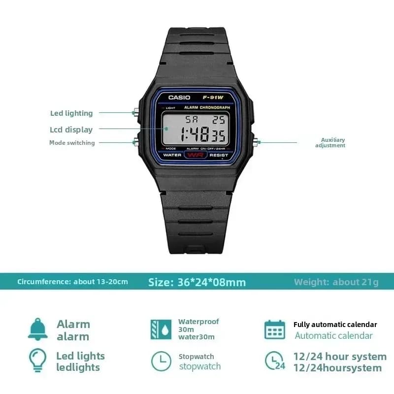 ساعة كاسيو للرجال فاخرة عسكرية بإضاءة LED رقمية رياضية مقاومة للماء كوارتز محايدة سلسلة F91W