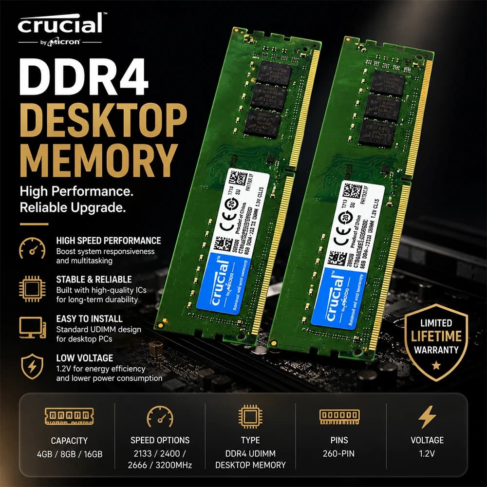 ذاكرة رام Crucial PC4 DDR4، سعات 4/8/16 جيجابايت، ترددات 2133/2400/2666/3200 ميجاهرتز، UDIMM 288Pin، مناسبة لألعاب الكمبيوتر