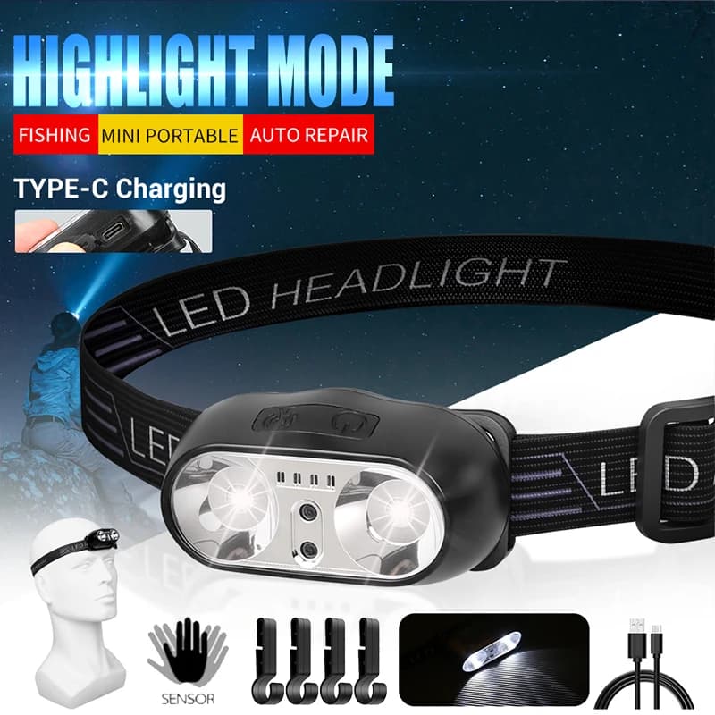كشاف رأس قوي محمول LED مع مستشعر قابل لإعادة الشحن عبر USB كشاف رأس للتخييم والصيد وحالات الطوارئ