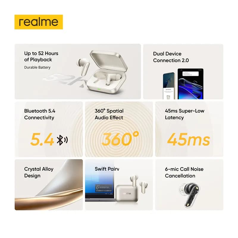 سماعات realme Buds Air7 TWS مع إلغاء ضوضاء 52dB حتى 52 ساعة تشغيل مشغل باس 12.4mm LHDC 5.0 بلوتوث 5.4 IP55 - 3