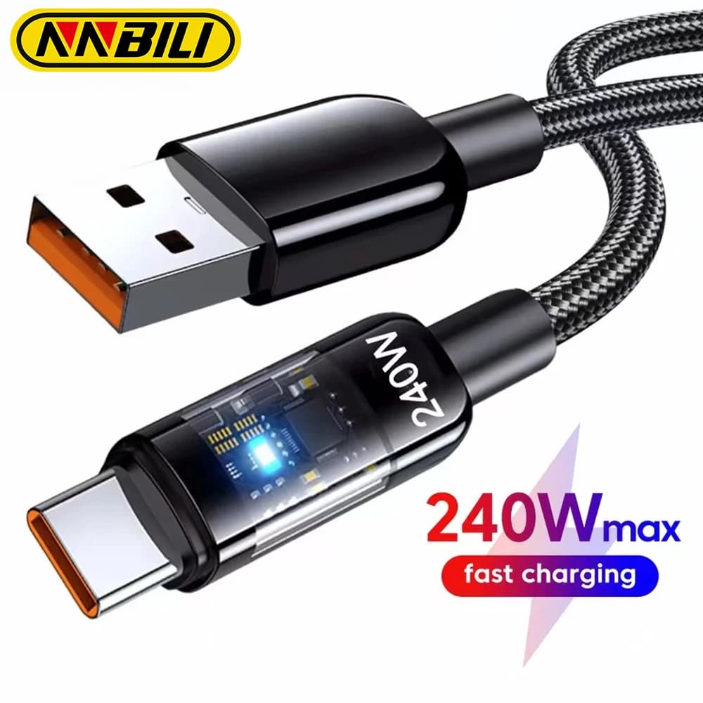 NNBILI USB C كابل شحن سريع 240 واط نايلون مضفر شفاف نوع C سلك شاحن عالي السرعة لهاتف سامسونج هواوي Mi Data Line