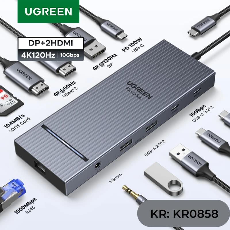 UGREEN 12-in-1 USB HUB Type-C to 2HDMI 4K120Hz DP USB3.2 10Gbps SD/TF RJ45 PD100W for Windows Dell HP Laptop Accessories Docking