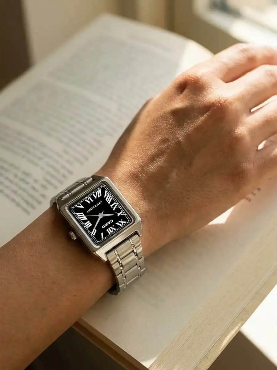 CASIO Women's Elegant Square Watch Stainless Steel Band Black Dial Roman Numeral Markers Business Casual Timeless for Daily Gift - 2