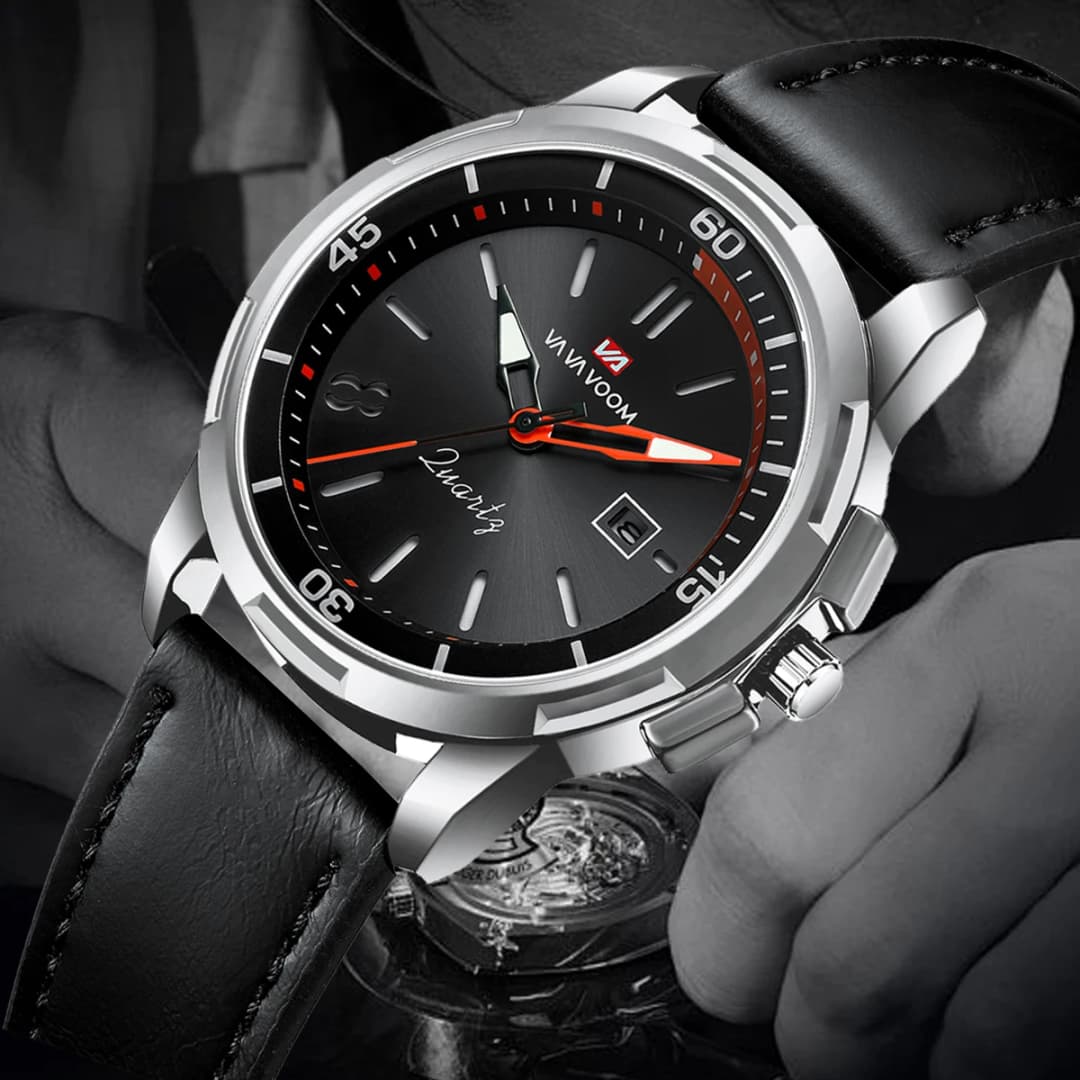 ساعة VA VA VOOM عسكرية جلدية سوداء بميناء كبير 46 ملم حركة كوارتز أسلوب أعمال عارضة موضة رياضية خارجية - 4