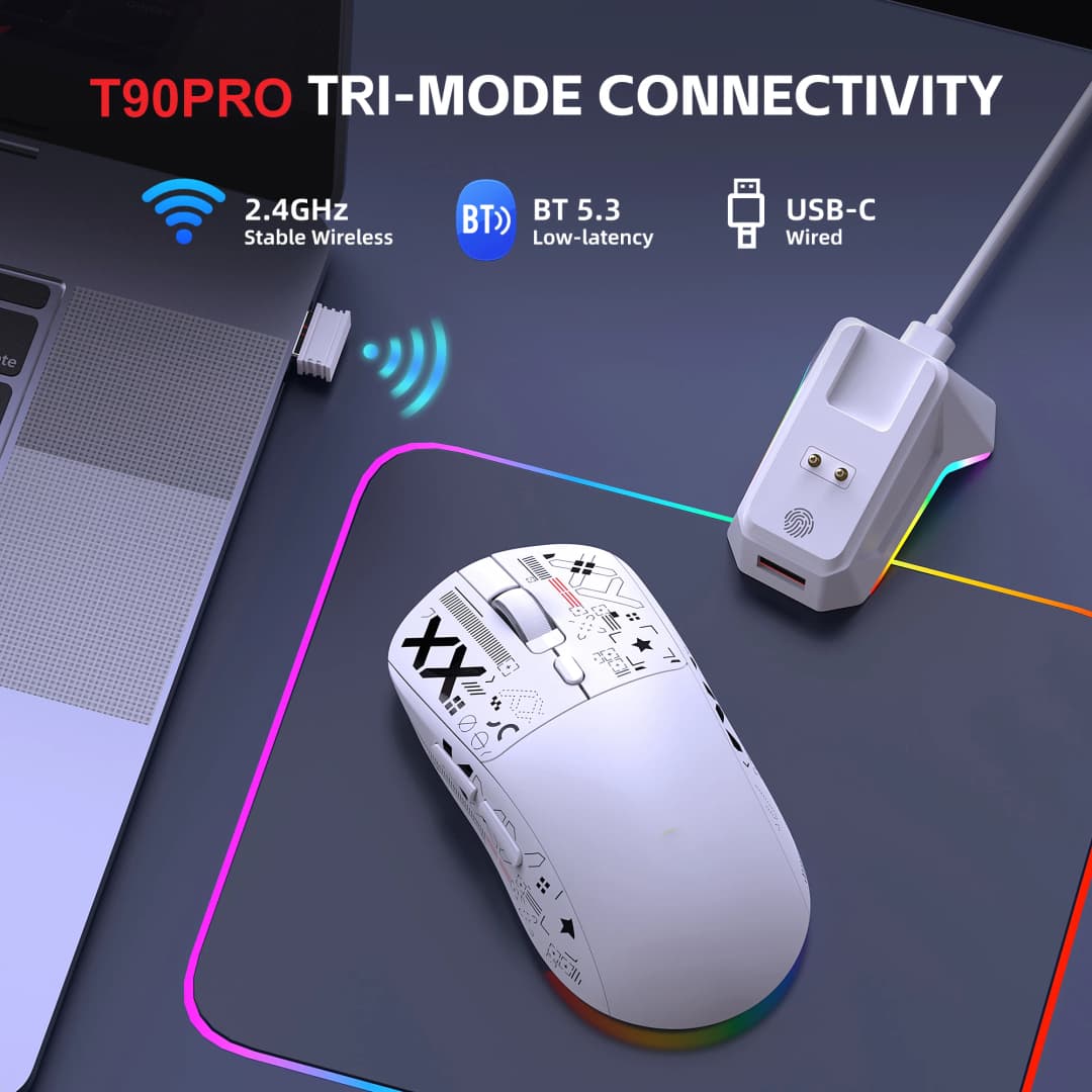 2026 New T90Pro RGB Backlit Wireless Gaming Mouse with Charging Base Triple Mode 1K Optical Ergonomic Mouse For Esports - 2