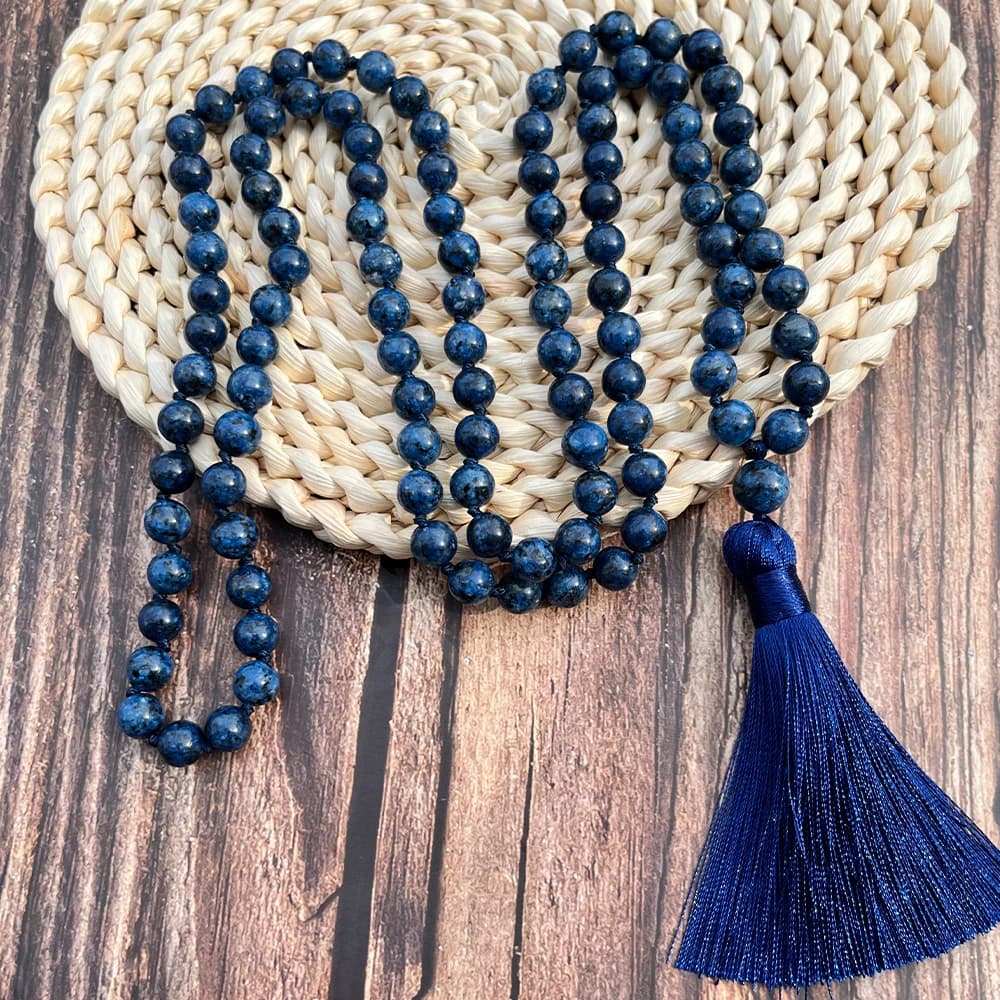 8mm Lapis Lazuli Colored Stone Knotted 108 Mala Bead Necklace Meditation Prayer Rosary Japamala Jewelry for Men and Women - 3