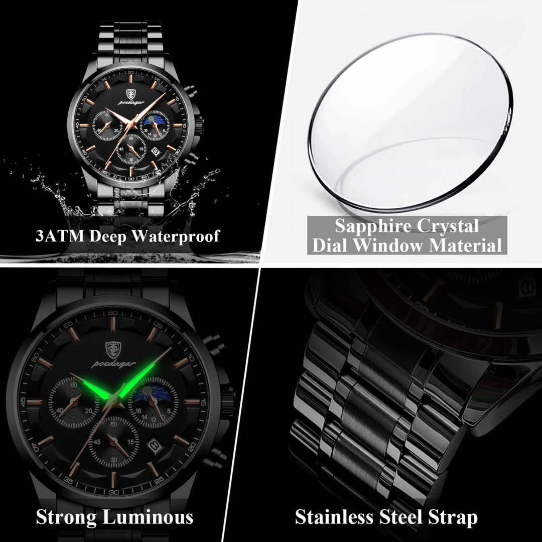 POEDAGAR Top Fashion Men's Watches Waterproof Luminous Stainless Steel Men Wristwatch Chronograph Date Quartz Business Man Watch - 4