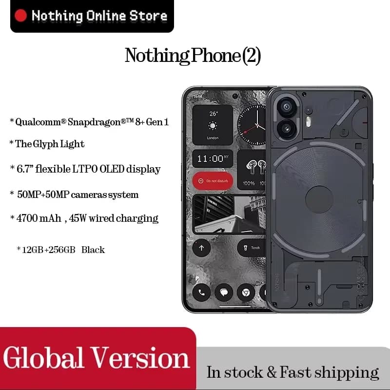 هاتف NOTHING Phone (2) بشاشة مرنة LTPO OLED مقاس 6.7 بوصة، معالج Snapdragon 8+ Gen 1، نظام Nothing OS 2.0، كاميرا خلفية مزدوجة 50 ميجابكسل، وكاميرا أمامية 32 ميجابكسل