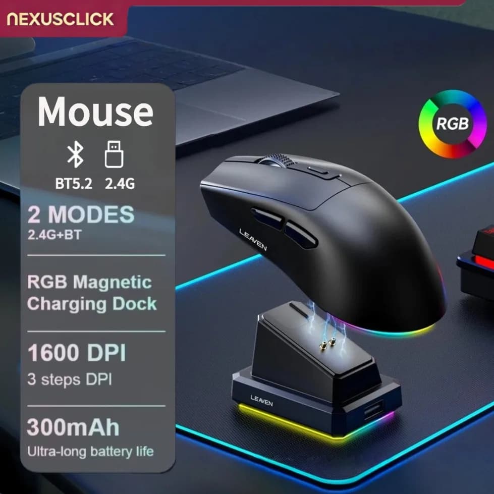 NexusClick Ergonomic Wireless Gaming Mouse,Dual Mode RGB Lightweight Mice with Magnetic Charging Dock Adjustable DPI for Desktop