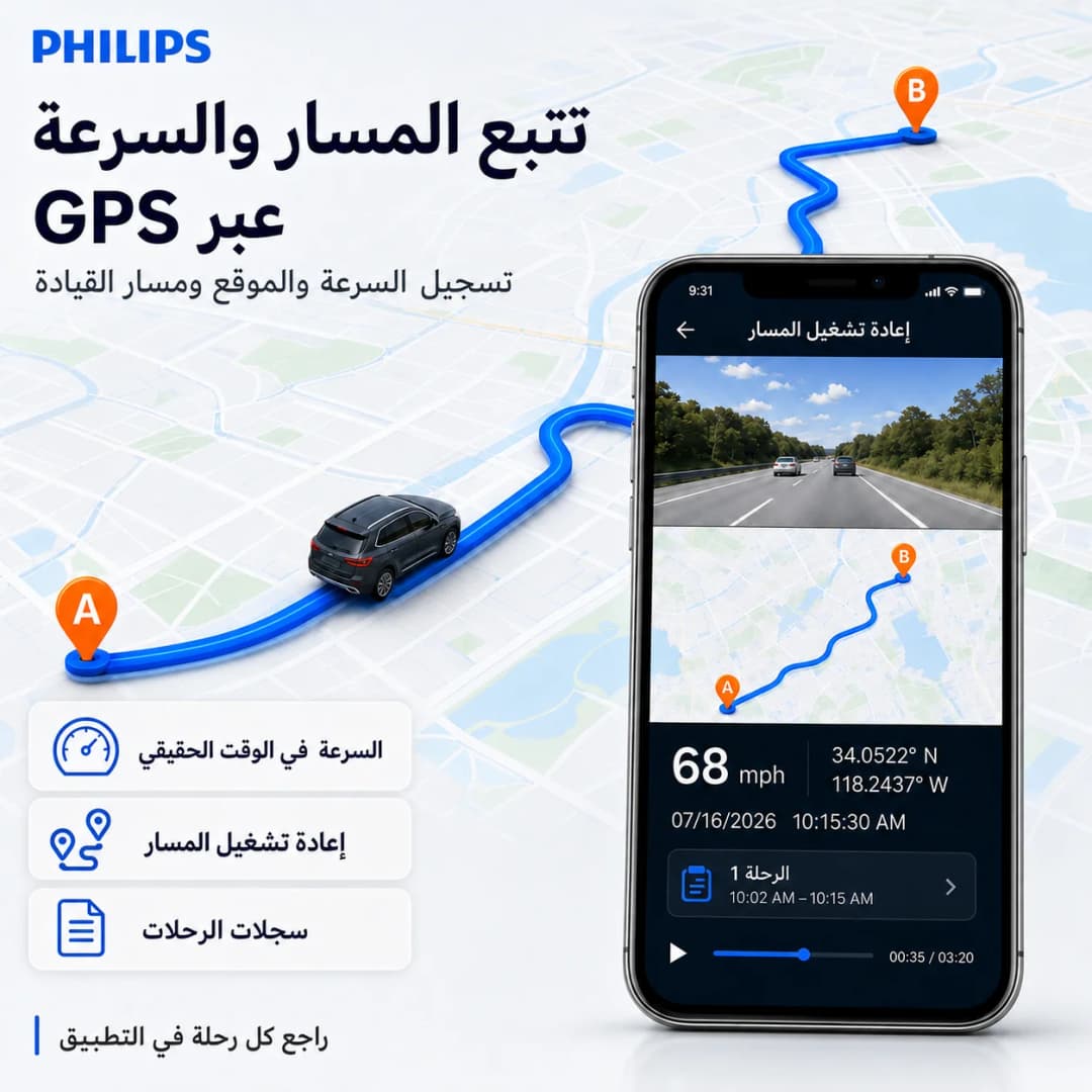 كاميرا سيارة PHILIPS Dash Cam B02 بدقة 4K+1K HDR مزدوجة أمامية وخلفية واي فاي 2.4GHz و5GHz GPS مراقبة الوقوف 24 ساعة تحكم عبر التطبيق - 6