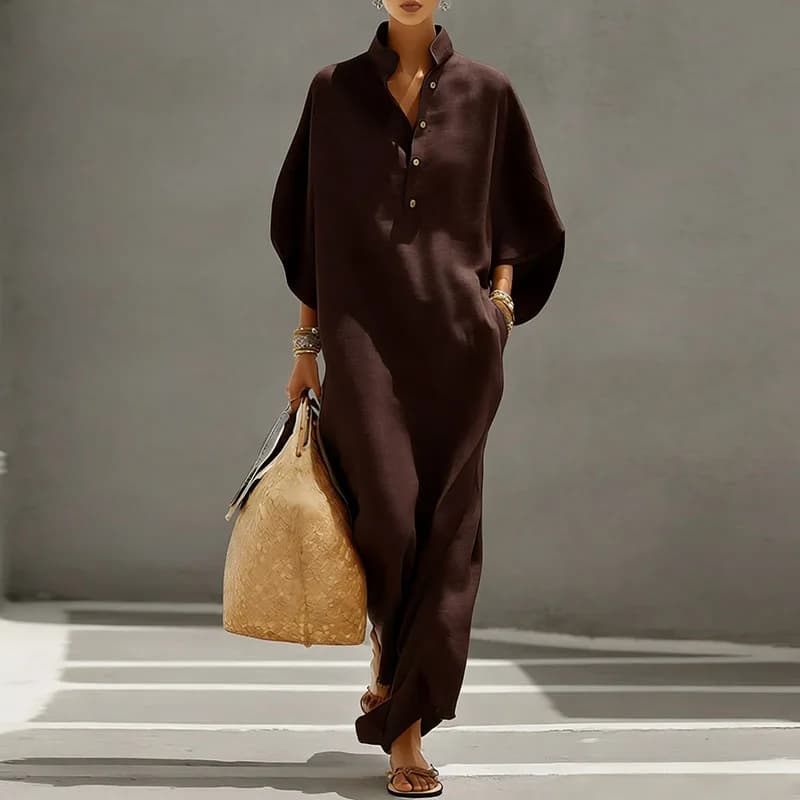 Summer Holiday Bohemian Long Dress Women's Sexy Stand Collar Button Elegant Party Dresses Spring Batwing Sleeve Loose Maxi Dress - 6