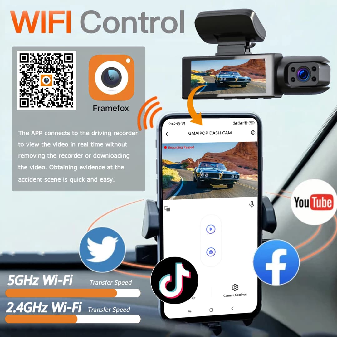 1080P WIFI Dual camera Dash Cam for cars,Front And Inside,car camera with IR Night Vision,Loop Recording,wide angle Car DVR Came - 2