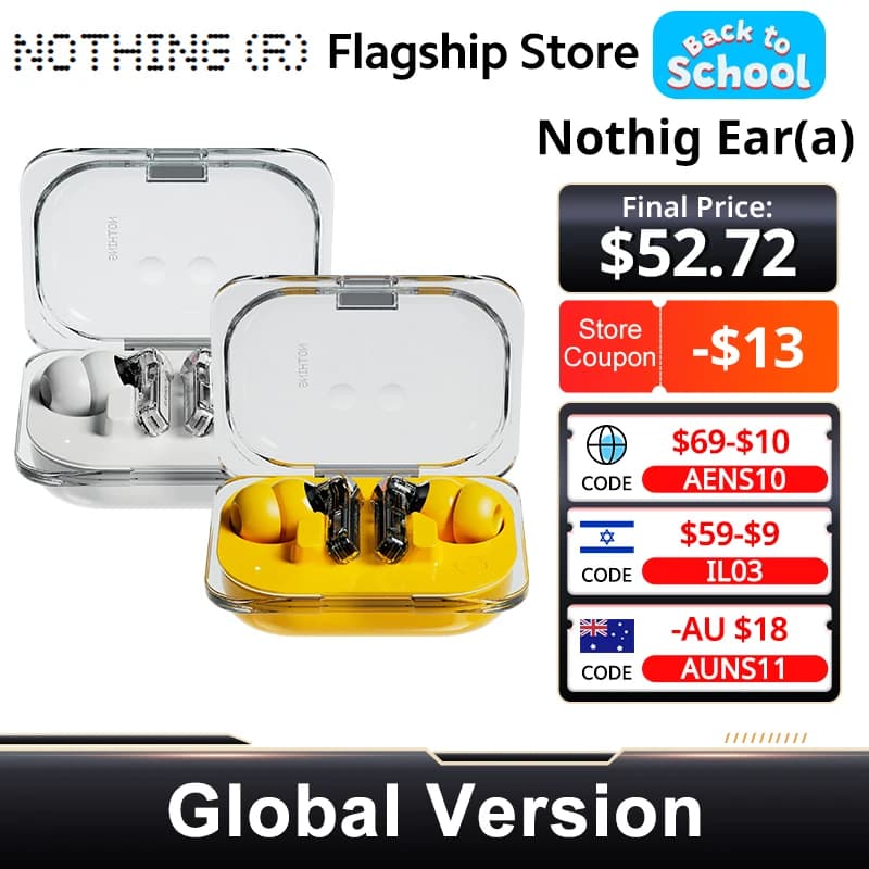 الإصدار العالمي Nothing Ear (a) سماعة بلوتوث  45dB إلغاء الضوضاء النشط ANC ديناميكي 42.5 ساعة استماع تصميم عصري