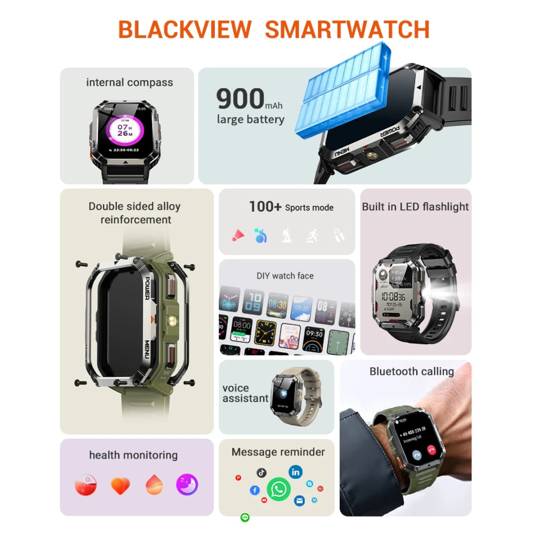 Blackview W70 Pro Smartwatch 2.01'' Screen Bluetooth Voice Calling Outdoor Sports Fitness Smart Watch With LED Flashlight Compas - 2