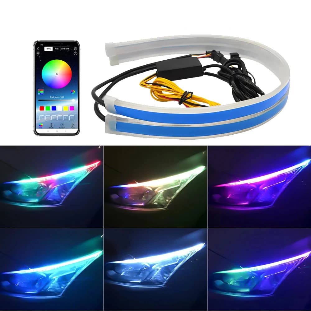 أضواء نهارية LED للسيارة شريط إضاءة DRL زخرفي إضاءة أمامية إشارة انعطاف RGB مع تحكم عن بعد عبر تطبيق