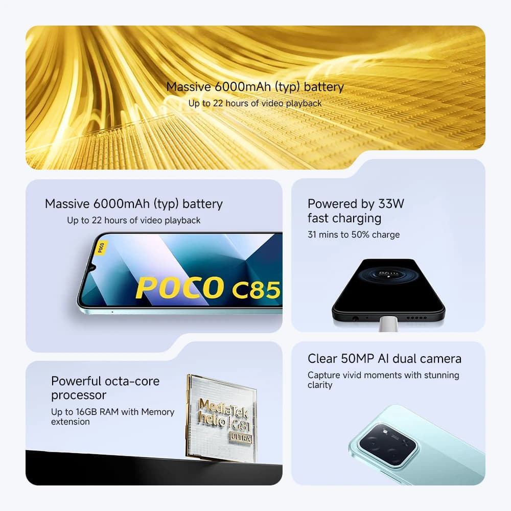 هاتف POCO C85 الأصلي نسخة عالمية معالج MTK Helio G81-Ultra بطارية 6000 مللي أمبير شاشة 6.9 بوصة كاميرا 50 ميجابكسل شحن سريع 33 واط NFC - 2