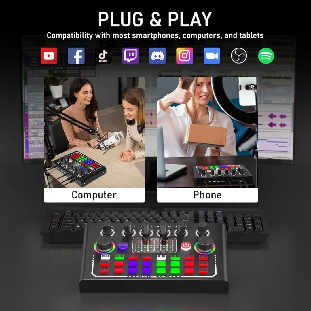 F009 Live Sound Card Broadcast quipment,Bluetooth Audio DJ Mixer with Microphone Set Device For Smartphone Live Streaming - 4