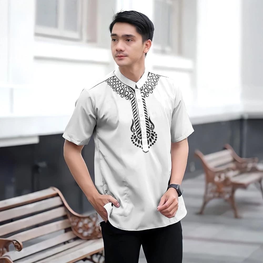 قميص باتيك مطبوع بنمط عرقي - قميص إسلامي للرجال بأكمام قصيرة، مثالي للحفلات - 3