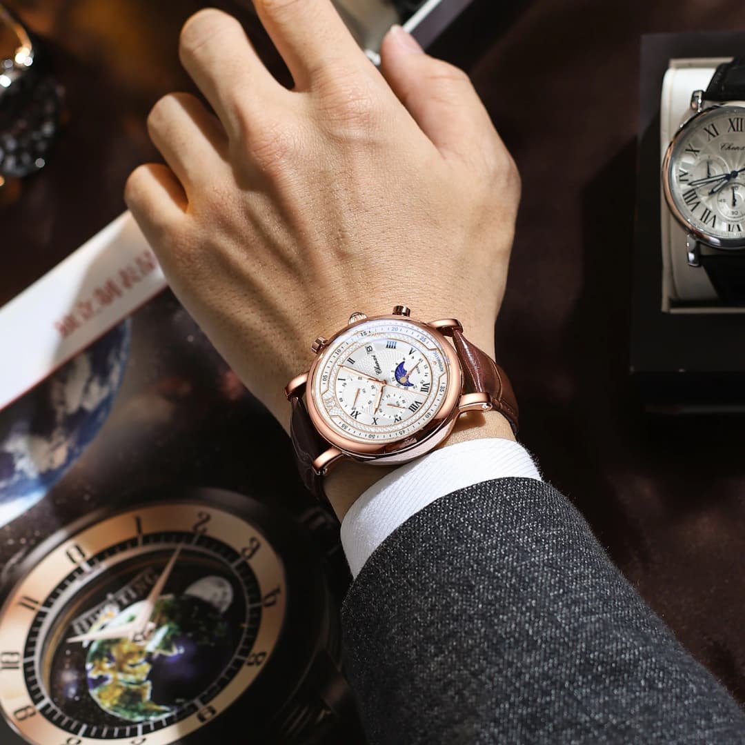 ساعة Chenxi 976 رجالية جلدية كرونوغراف مع تاريخ ومرحلة القمر، ساعة كوارتز مضيئة للأعمال - 3