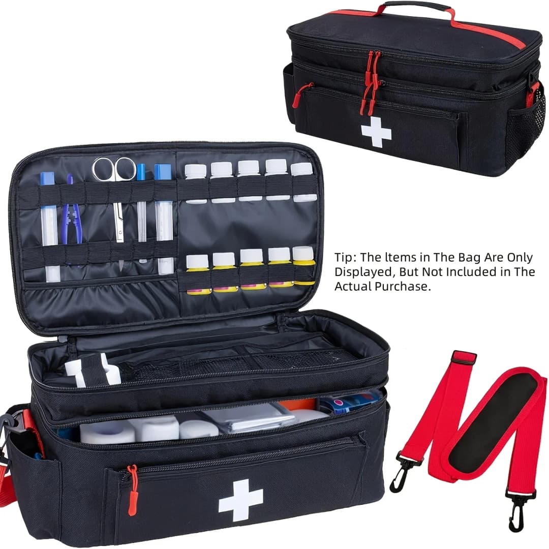 Double-layered Travel Medicine Storage Bag, Portable Emergency First Aid Kit, Large Capacity Front Pouch, Multiple Ways To Carry