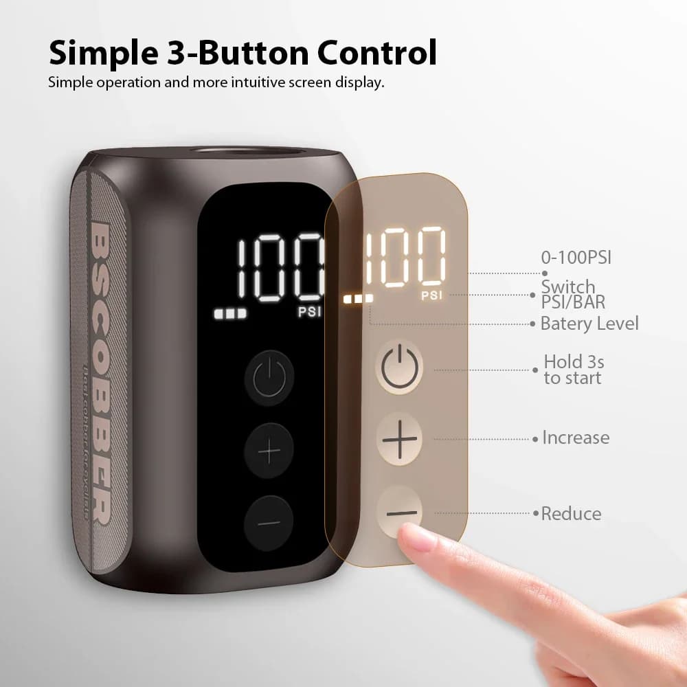 مضخة هواء محمولة BSCOBBER A5mini، قابلة لإعادة الشحن، لاسلكية، إكسسوارات دراجات، منفاخ إطارات، ضغط عالي 100 رطل لكل بوصة مربعة - 3