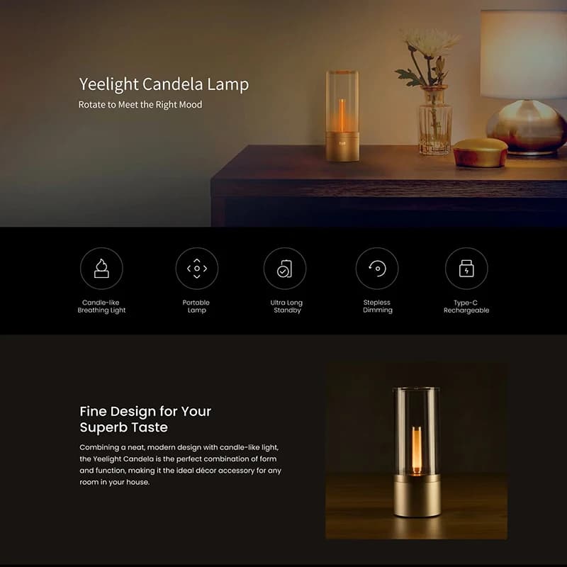 Yeelight Candela Lamp LED Night Light Warm Light Rechargeable 1800K Stepless Rotating Dimming Bedside Lamp Suitable For Bedroom - 3