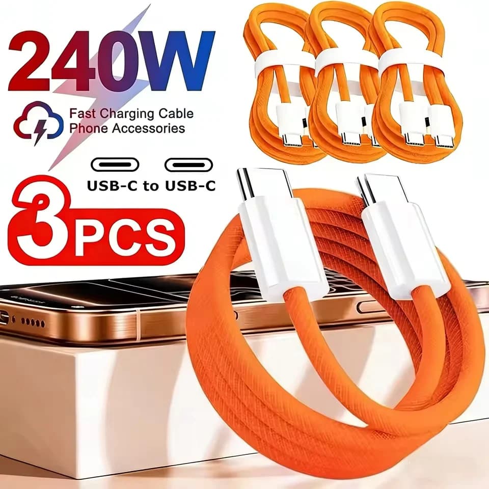 3 قطع كابل USB C إلى USB C بقوة 240 واط يدعم الشحن السريع لهواتف آيفون 17/16/15 وسامسونج وهواوي وشاومي وغيرها