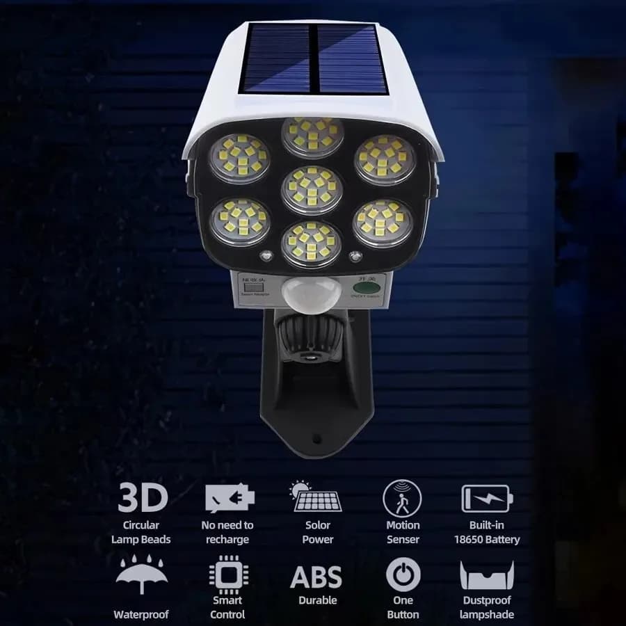 Outdoor Motion Sensor Solar Lights 77 LED FloodLight Waterproof Wireless Dummy Decoy Fake Security Camera for Porch Garden Patio - 3