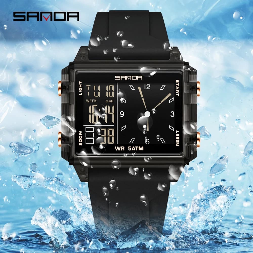 SANDA 6273 Wristwatch Square Dual Time Man Electron Analog Watch for Men Women Waterproof Count Down Timer Digital World Time - 6
