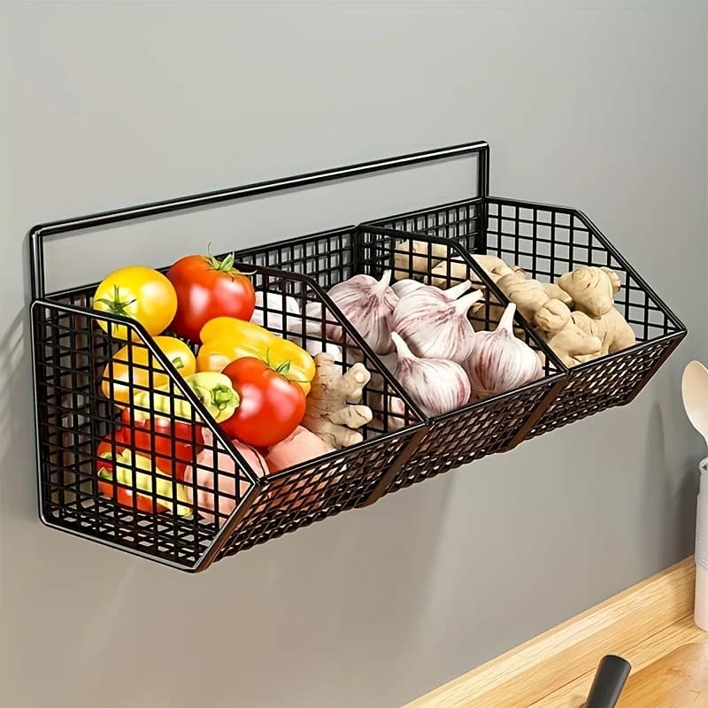 Wall Mounted Kitchen Storage Basket Suitable for Durable Metal Wire Storage of Spices, Garlic, Onions, and Vegetables - 3