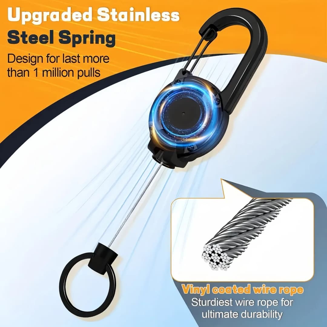 2Pcs Retractable Keychain with Steel Cable & Secure Clip-On Design Durable Black Outdoor Buckle for Camping Hiking Backpacking - 2