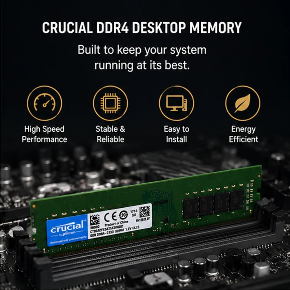 ذاكرة رام Crucial PC4 DDR4، سعات 4/8/16 جيجابايت، ترددات 2133/2400/2666/3200 ميجاهرتز، UDIMM 288Pin، مناسبة لألعاب الكمبيوتر - 3