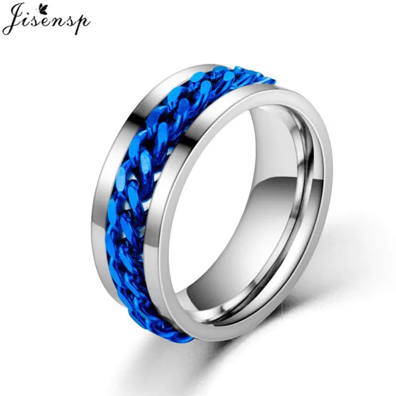 Ins Fashion Men Rotatable Chain Link Anxiety Fidget Rings Titanium Stainless Steel Spinner Finger Ring Blue Black Punk Gift - 4