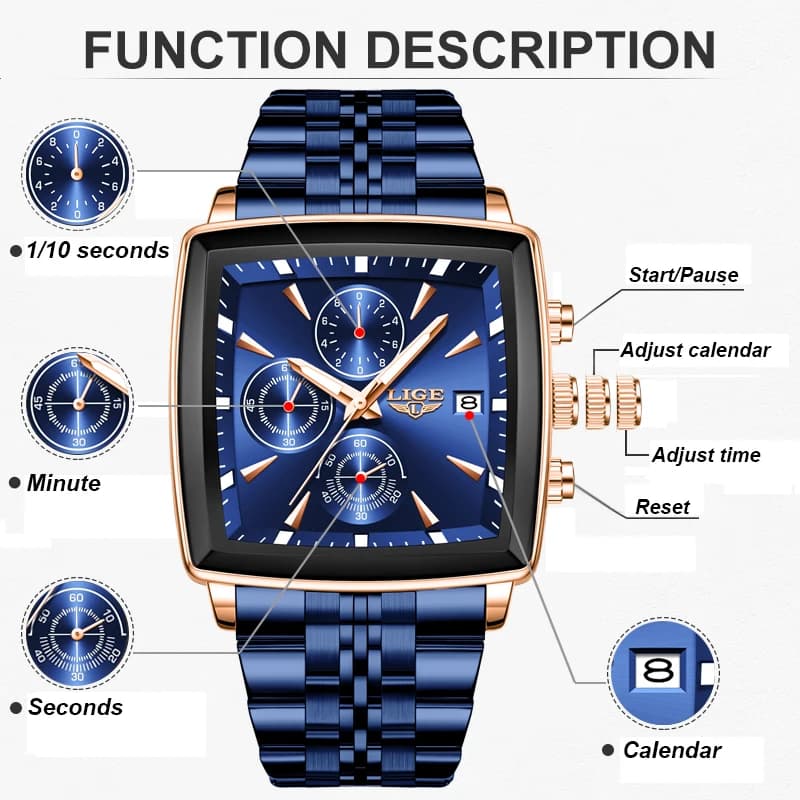 LIGE New Luxury Square Blue Men's Wristwatch Fashion Mens Watches Stainless Steel Waterproof Quartz Clock Male Relogio Masculino - 3