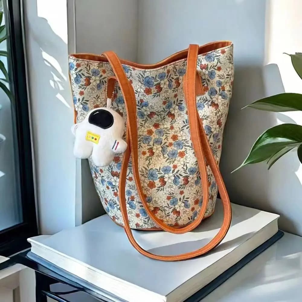 موضة الأزهار نمط دلو حقيبة قماش حقيبة كتف عادية سعة كبيرة حقيبة يد الإبداعية للنساء السفر المنظم حمل حقيبة - 4