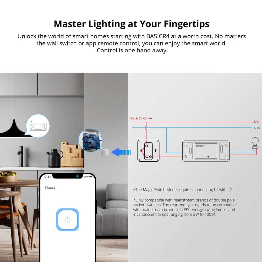 SONOFF BASICR4 Wi-Fi Smart Switch ESP32 Chip Reliable Safe Magic Switch Mode eWeLink Remote Control Works with Alexa Google Home - 2