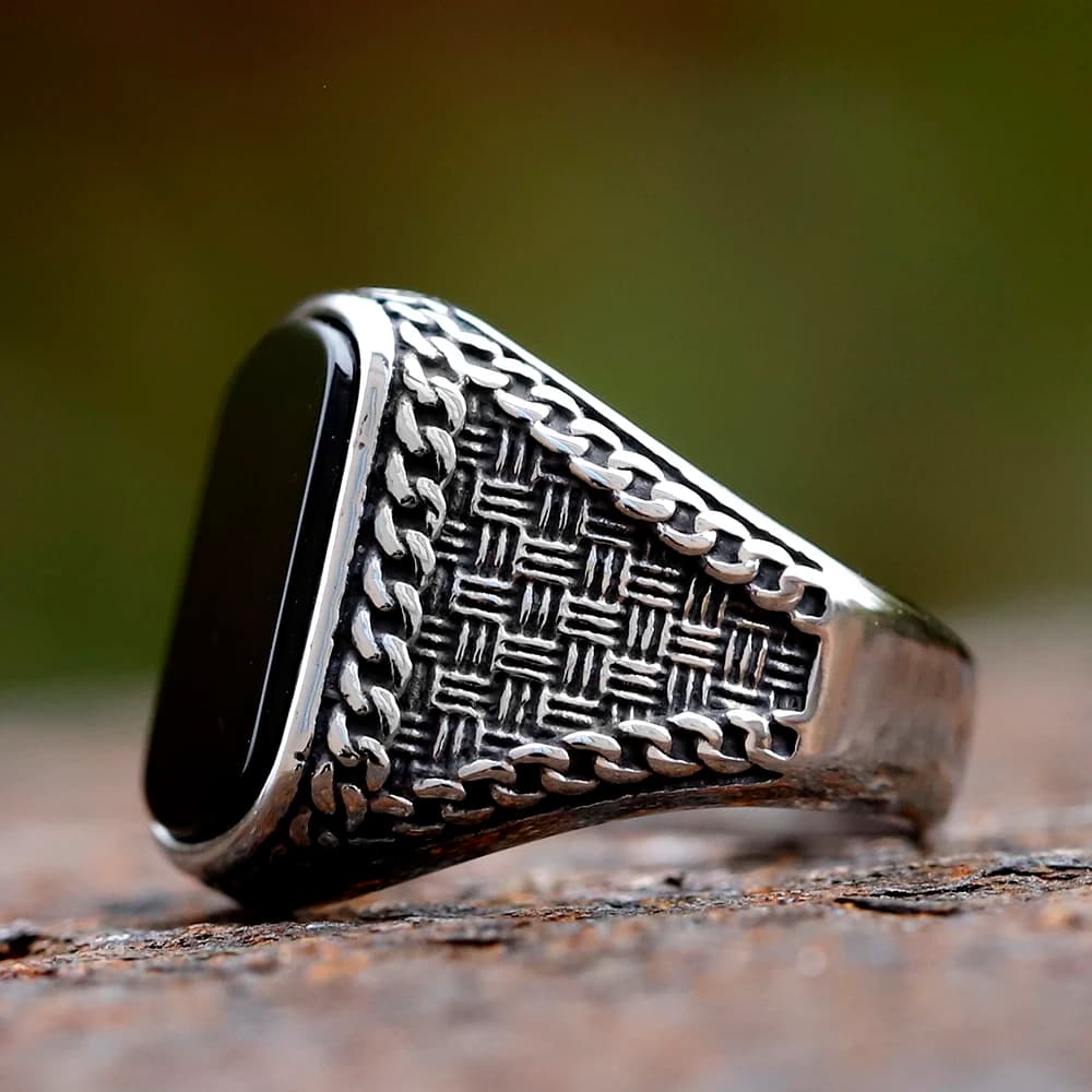 NEW Vintage Punk Stainless Steel Rectangle Anels for Men Black Stone Zircon Men's Anels Totem Luxury Wedding Jewelry - 5