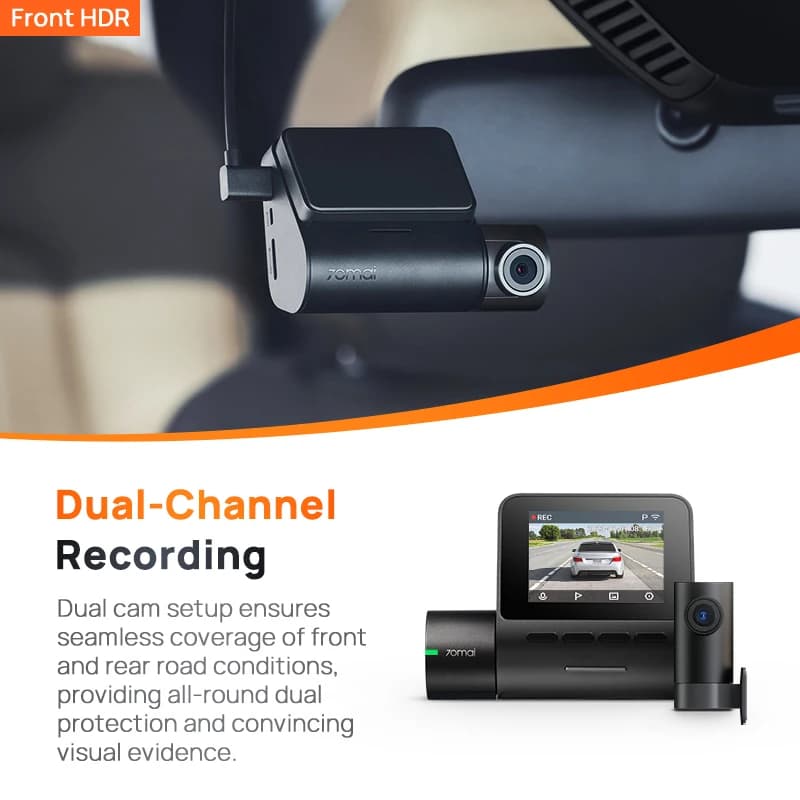 كاميرا داش 70mai A200 بتسجيل ثنائي القناة بدقة 1080P HDR، شاشة IPS 2 بوصة، وضع ركن السيارة 24 ساعة، تطبيق WiFi، زاوية رؤية 130 درجة - 2