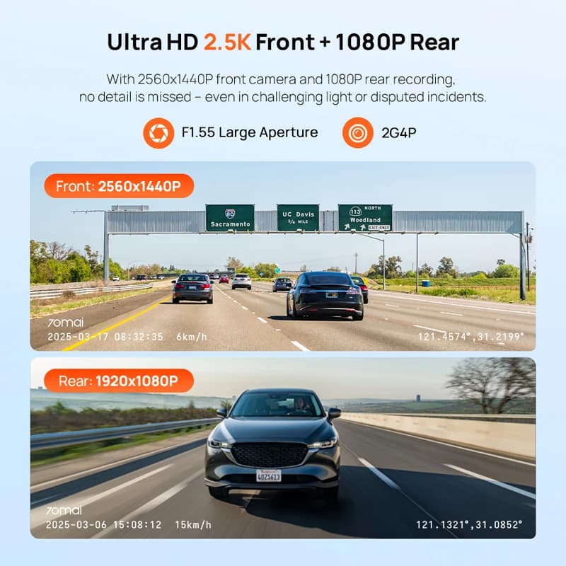 كاميرا سيارة جديدة 70mai A410 بدقة 2.5K HDR حقيقية، قناتين، مستشعر G، كشف الاصطدام، فتحة F1.55، رؤية ليلية فائقة، نظام تحديد المواقع GPS - 3