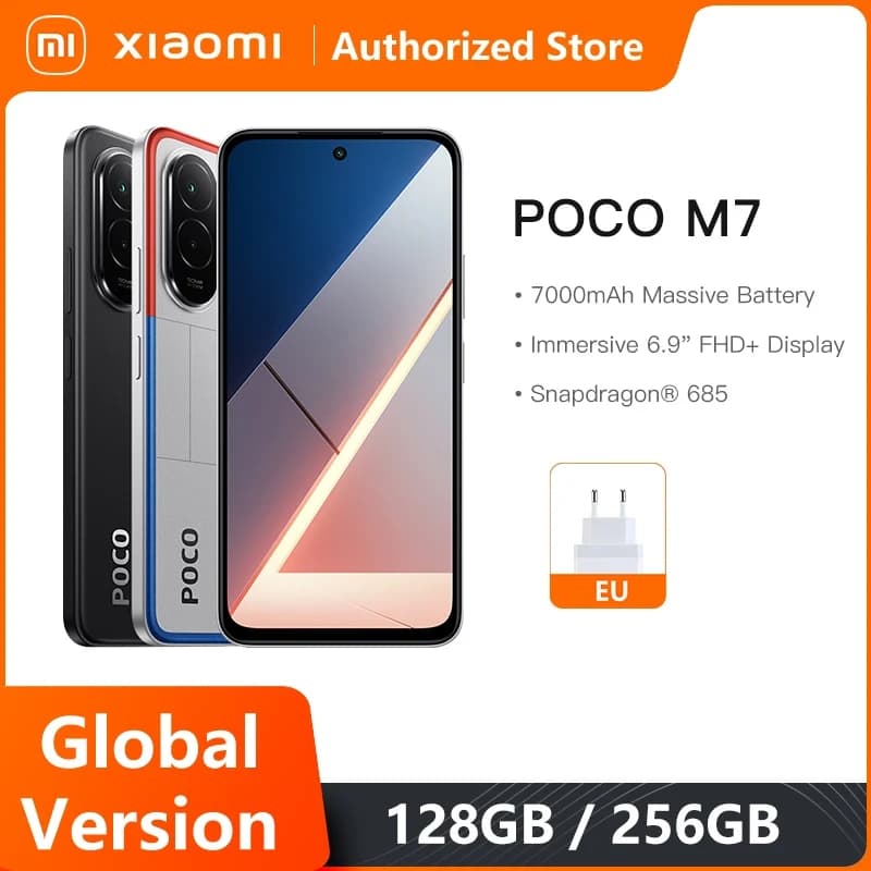 هاتف Xiaomi POCO M7 نسخة عالمية بمعالج Snapdragon 685 وشاشة 6.9 بوصة بمعدل تحديث 144 هرتز FHD+ وبطارية 7000 مللي أمبير وشحن سريع 33 واط NFC