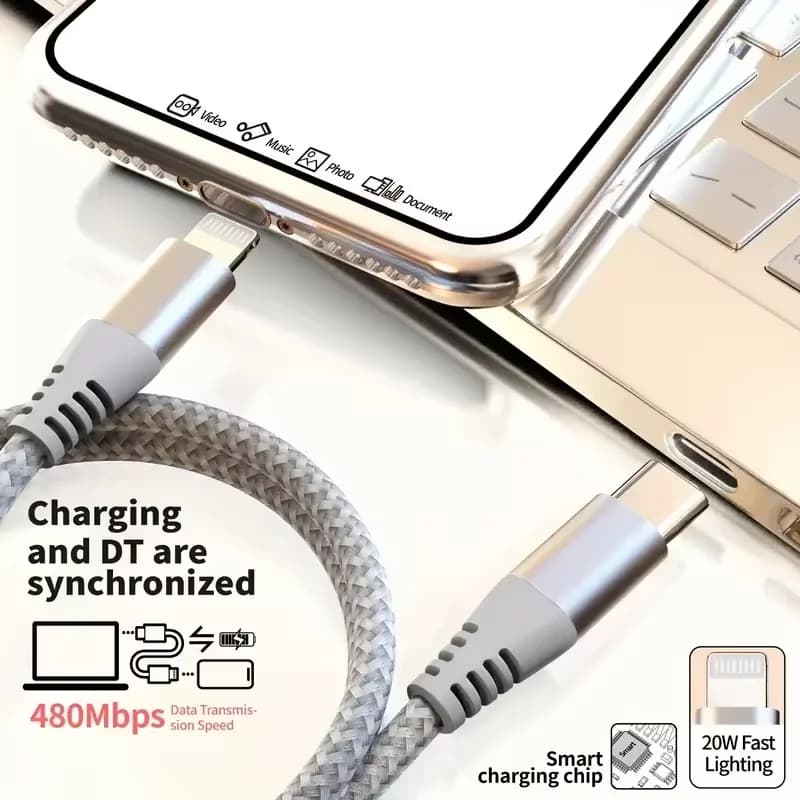 كابل شحن سريع MFi معتمد، USB C إلى Lightning، نايلون مضفر، متوافق مع iPhone 14 و13 و12 و11 - 2
