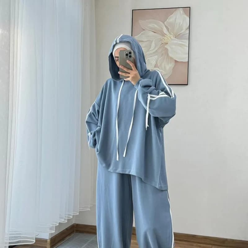 Muslim Suit Women Hoodie Top Wide Leg Pants 2 Piece Set Trousers Hooded sweatshirt Ensemble Sporty Stripe Outfits Tracksuit - 3