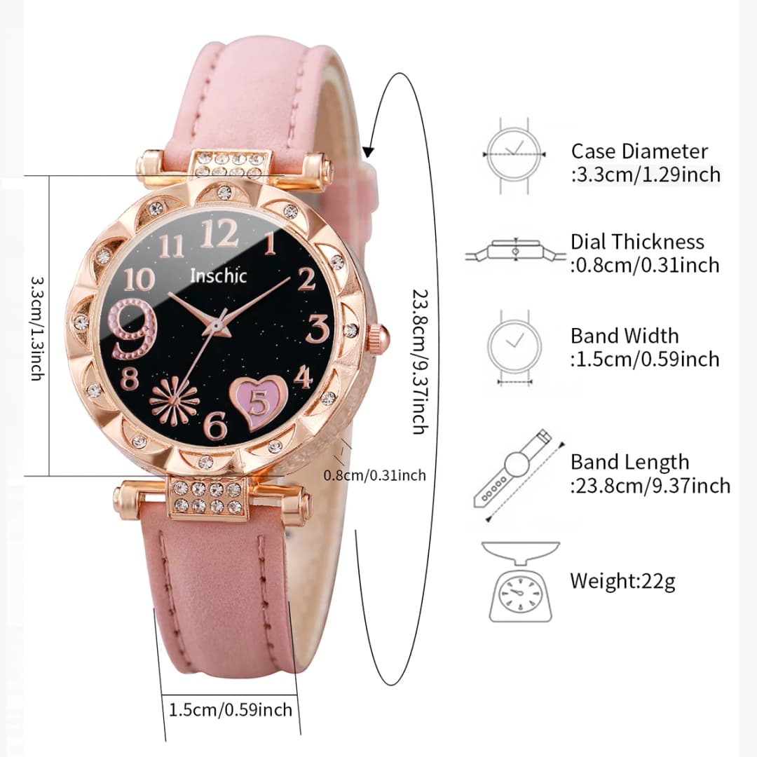 6PCS/Set Fashion Heart Dial Women's Watch Casual Leather Band Analog Quartz Watch Leaf Bracelets Set（Without Box） - 6