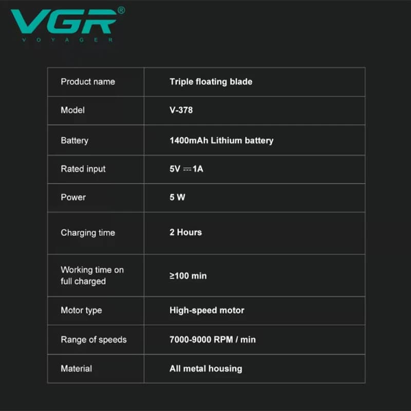 ماكينة حلاقة فاخرة من VGR للرجال، مصنوعة من سبيكة، بثلاث شفرات متبادلة، شاشة LED رقمية ذكية، سرعة 9000 لقص الشعر، موديل V-378 - 6