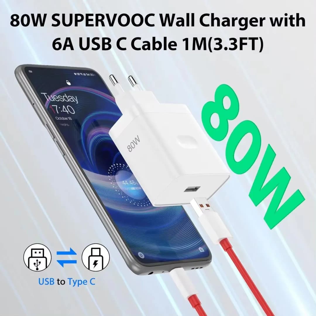 OnePlus 80W SuperVOOC EU Fast Wall Charger for OnePlus 10 11 12 Nord CE 2 3 Lite OPPO realme 10 GT NEO 2 3 Type C USB Cable - 4