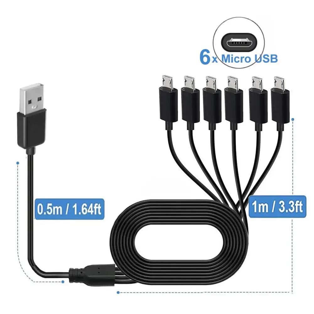 كابل شحن متعدد 1 إلى 6 مايكرو USB، USB A 2.0 إلى 6 مايكرو USB، فاصل كابل للهواتف والأجهزة اللوحية أندرويد والمزيد - 6