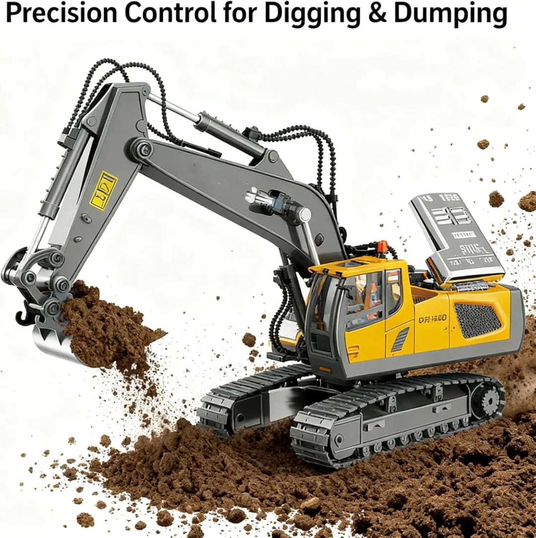 لعبة حفارة وجرافة تحكم عن بعد للأطفال 2.4Ghz، شاحنة مركبة بناء RC مع غطاء معدني وإضاءة وصوت - 2