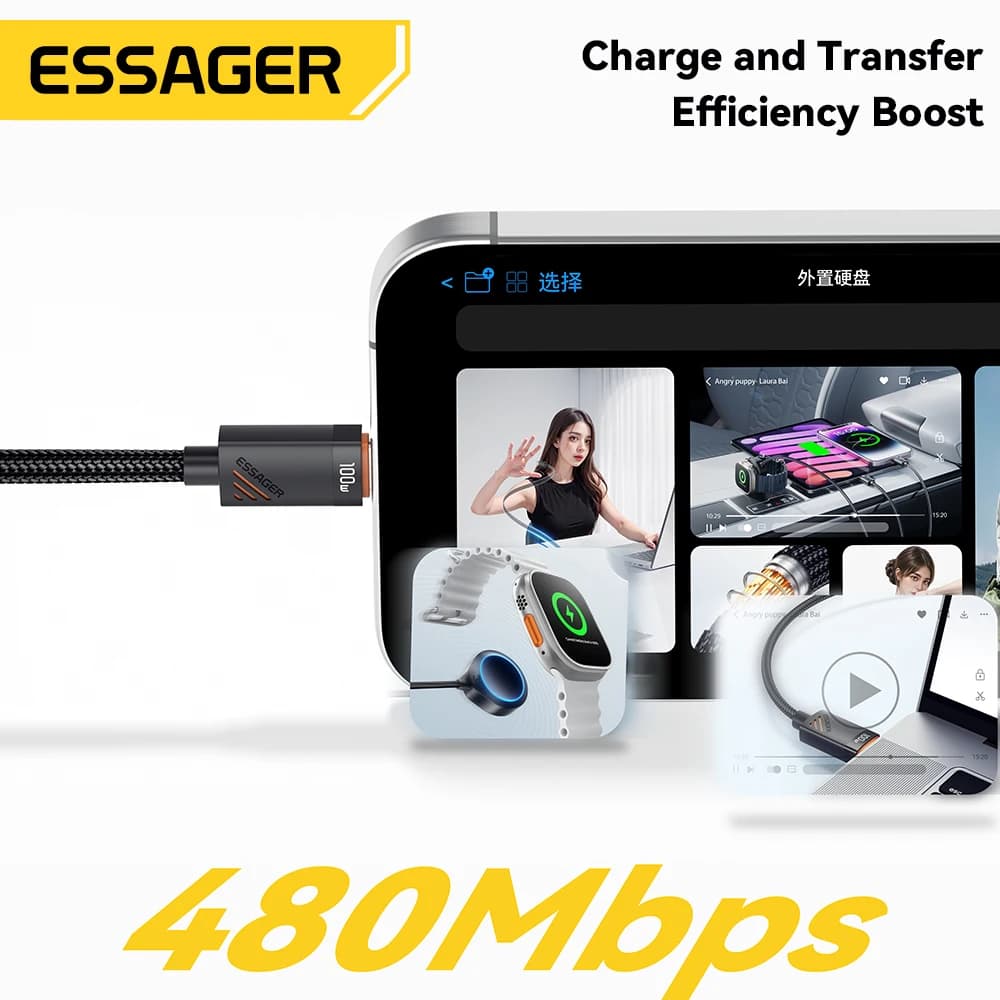 Essager Car Spring Type C Cable  For iPhone 17 16 15 Pro Xiaomi Samsung 100W PD Fast Charging For Macbook iPad Type C to C Cable - 6